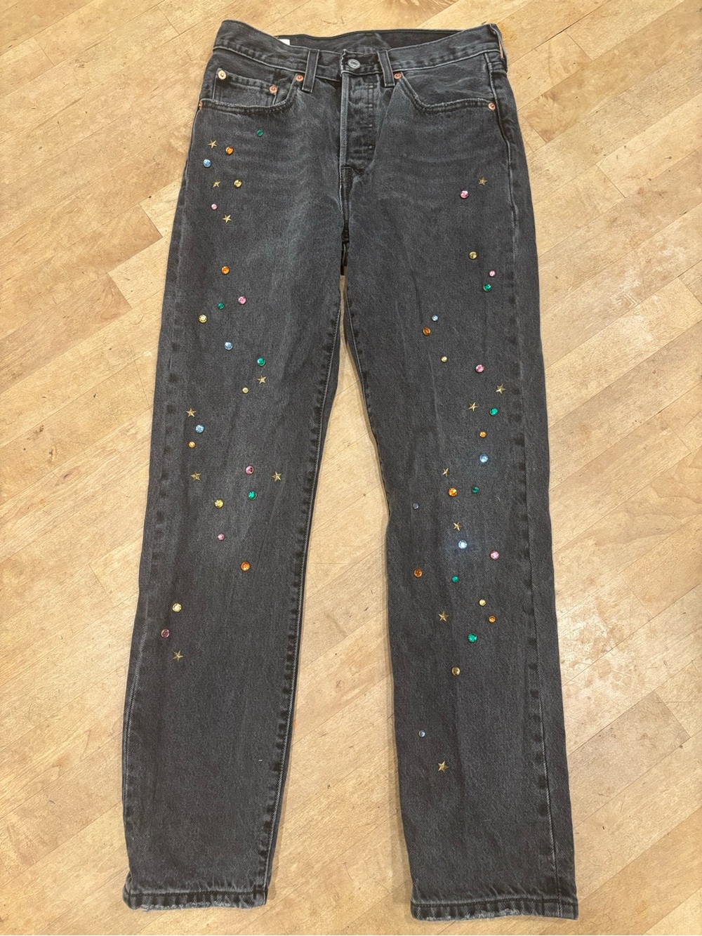Levi’s Premium 501 Straight Leg Gray Bedazzled Sparkle Gem Jeans Size 26